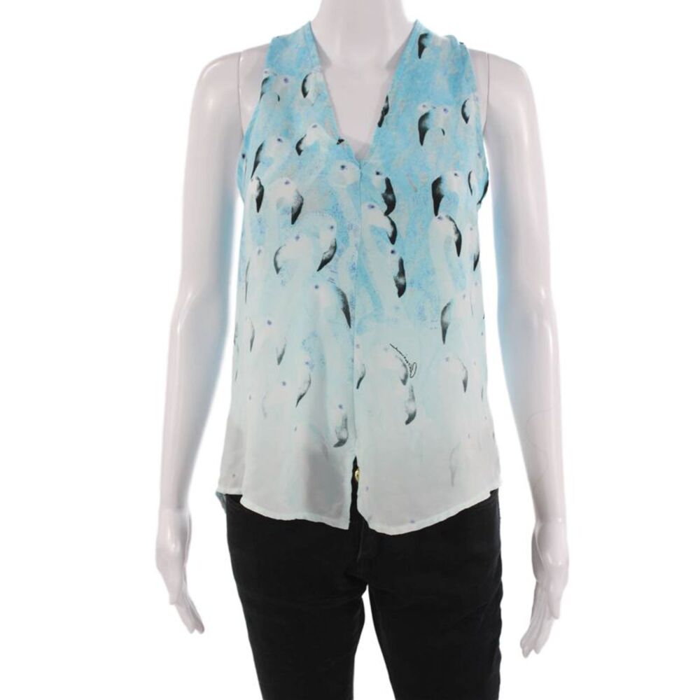 RaMona LaRue Women Light Blue V-Neck Sleeveless Tank Bird Print Crepe Size S